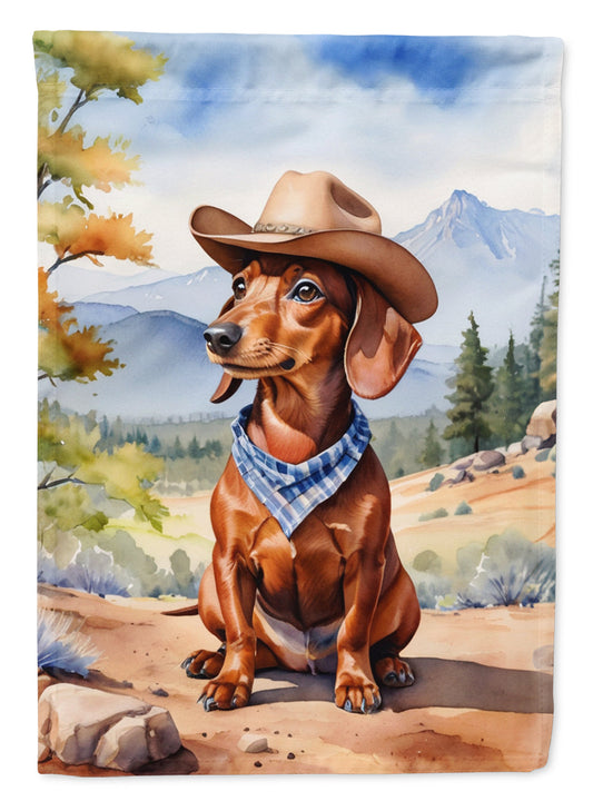 Dachshund Cowboy Welcome Garden Flag – Western Dog Yard Decor with Mountain Landscape
