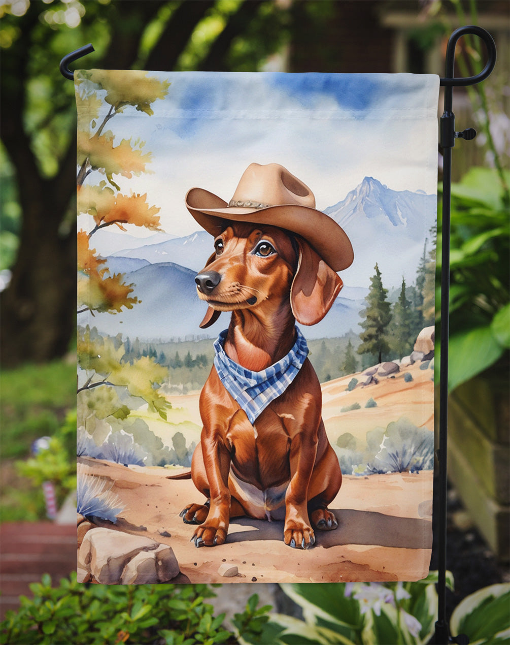Dachshund Cowboy Welcome Garden Flag – Western Dog Yard Decor with Mountain Landscape