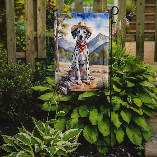 Dalmatian Cowboy Welcome Garden Flag – Western Dog Yard Decor with Mountain Landscape