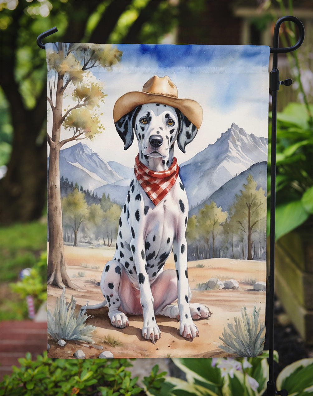 Dalmatian Cowboy Welcome Garden Flag – Western Dog Yard Decor with Mountain Landscape