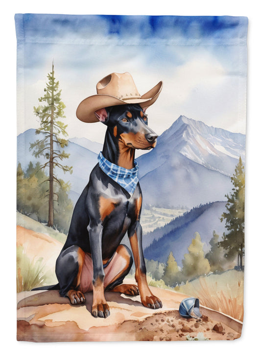 Doberman Pinscher Cowboy Welcome Garden Flag – Western Dog Yard Decor with Mountain Landscape