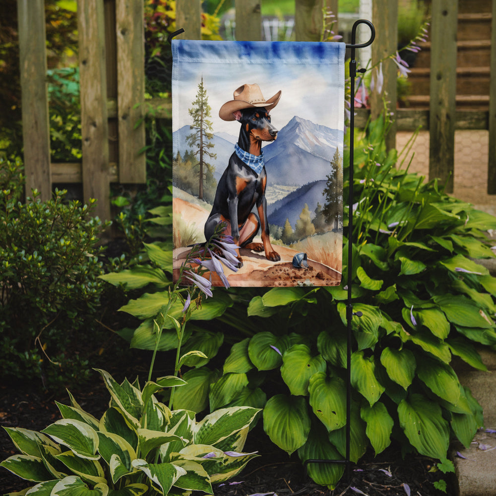 Doberman Pinscher Cowboy Welcome Garden Flag – Western Dog Yard Decor with Mountain Landscape