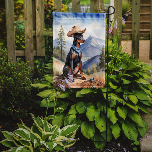 Doberman Pinscher Cowboy Welcome Garden Flag – Western Dog Yard Decor with Mountain Landscape