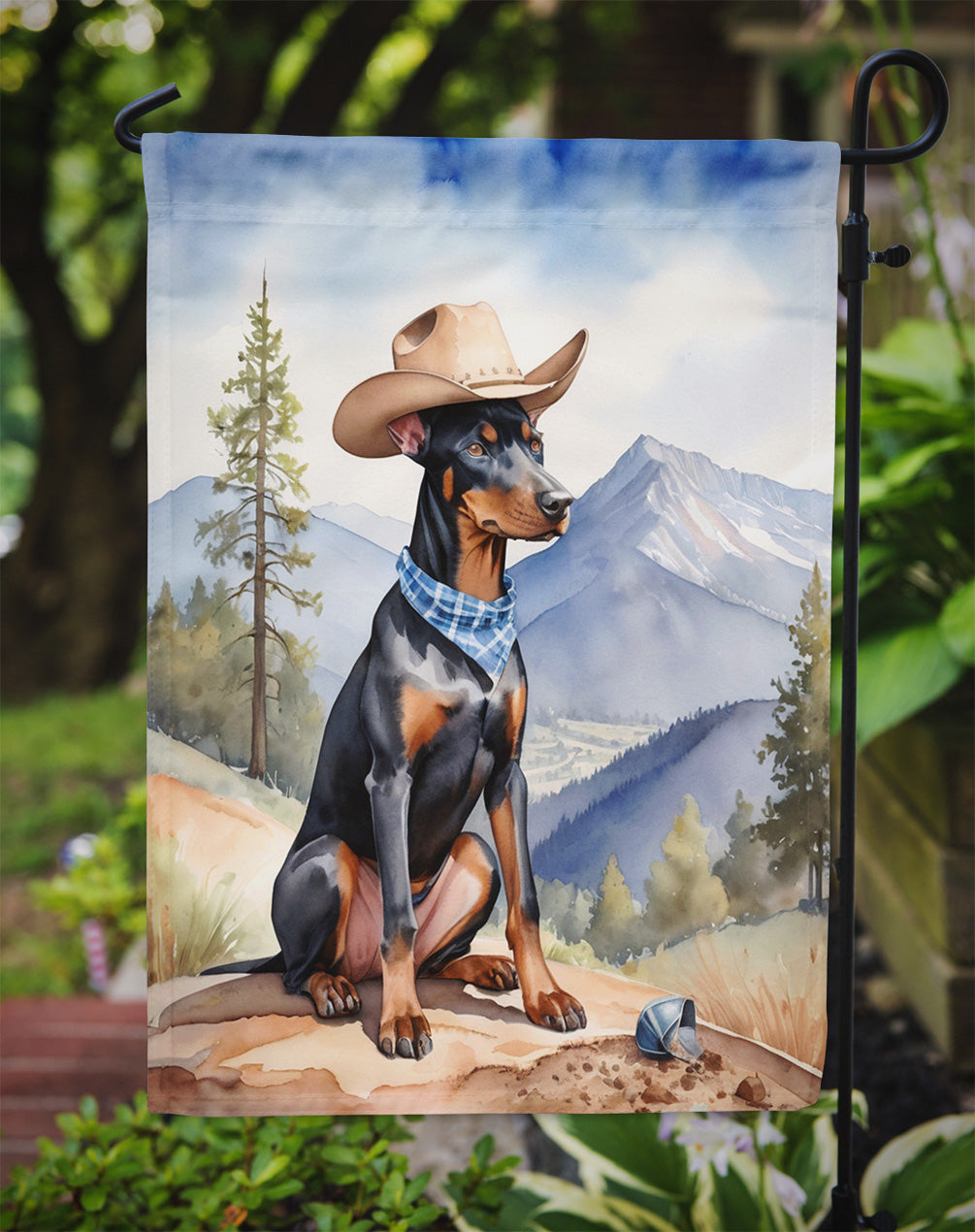 Doberman Pinscher Cowboy Welcome Garden Flag – Western Dog Yard Decor with Mountain Landscape