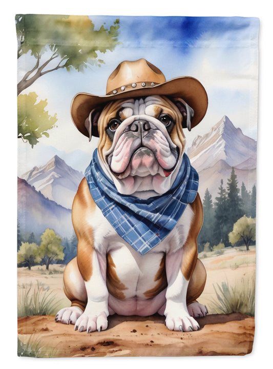 English Bulldog Cowboy Welcome Garden Flag – Western Dog Yard Decor with Mountain Landscape