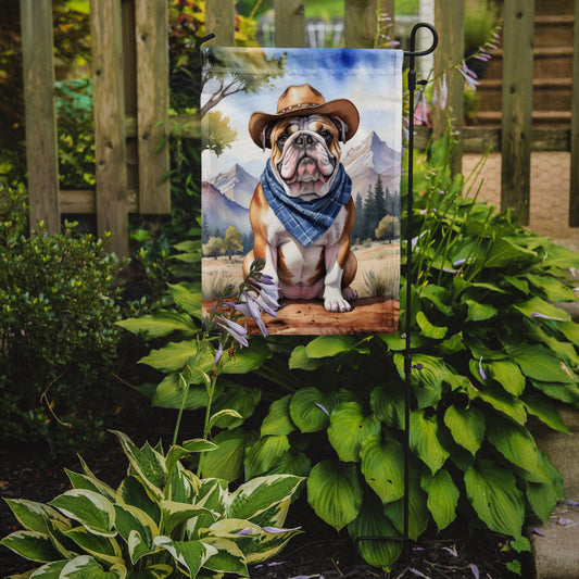 English Bulldog Cowboy Welcome Garden Flag – Western Dog Yard Decor with Mountain Landscape