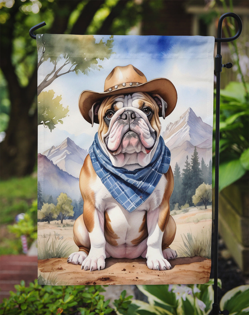 English Bulldog Cowboy Welcome Garden Flag – Western Dog Yard Decor with Mountain Landscape