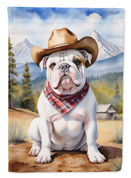 English Bulldog Cowboy Welcome Garden Flag – Western Dog Yard Decor with Mountain Landscape