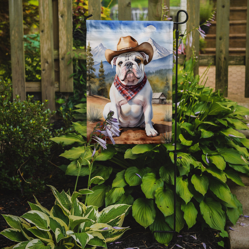 English Bulldog Cowboy Welcome Garden Flag – Western Dog Yard Decor with Mountain Landscape