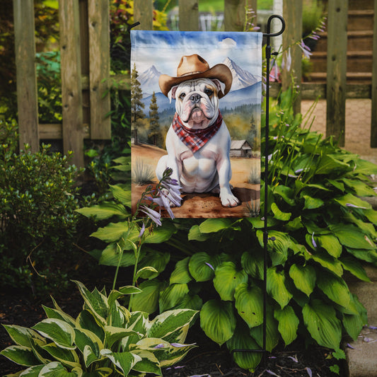 English Bulldog Cowboy Welcome Garden Flag – Western Dog Yard Decor with Mountain Landscape