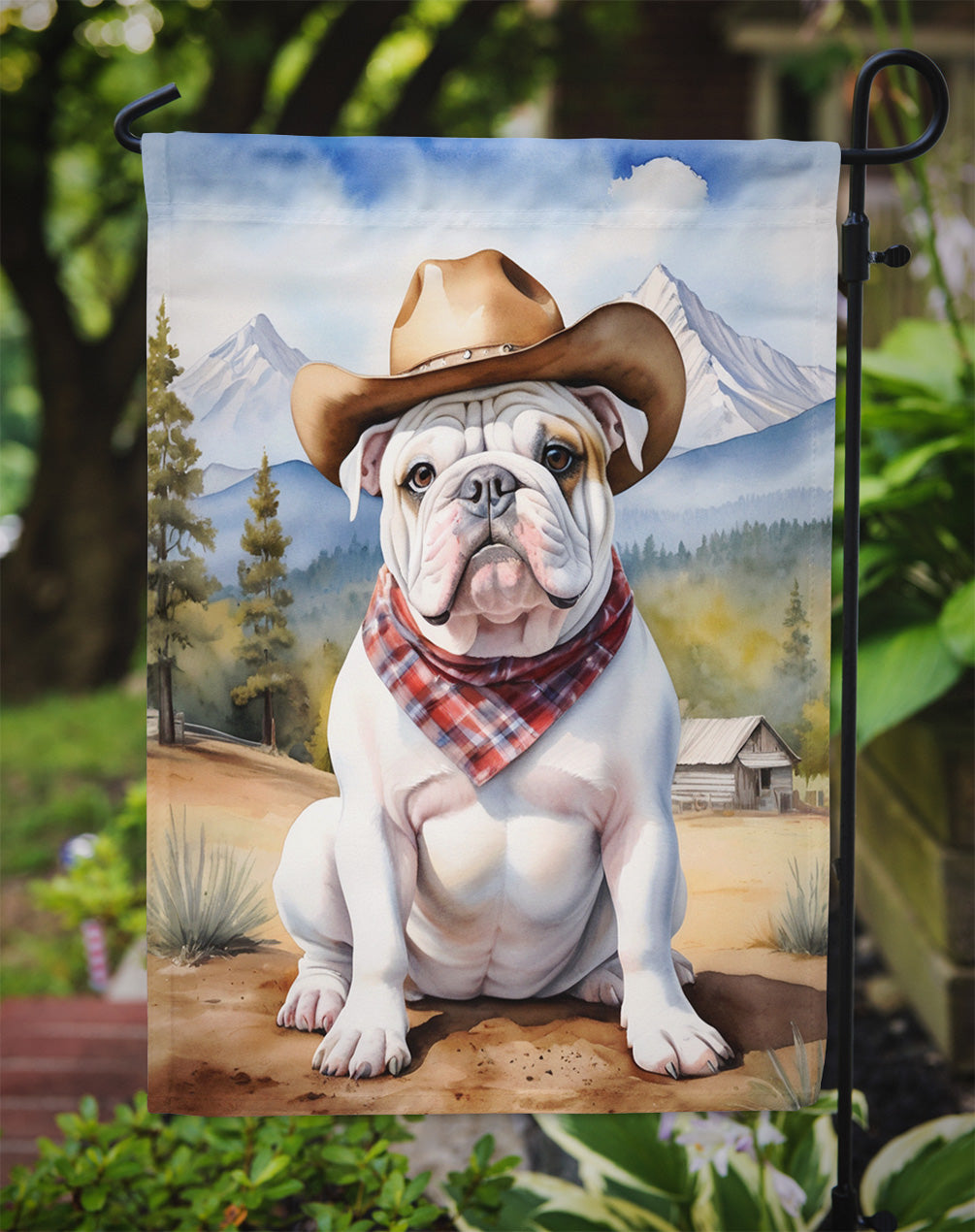 English Bulldog Cowboy Welcome Garden Flag – Western Dog Yard Decor with Mountain Landscape