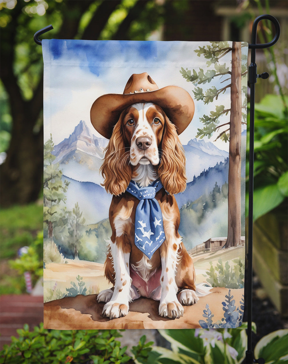 English Cocker Spaniel Cowboy Welcome Garden Flag – Western Dog Yard Decor with Mountain Landscape