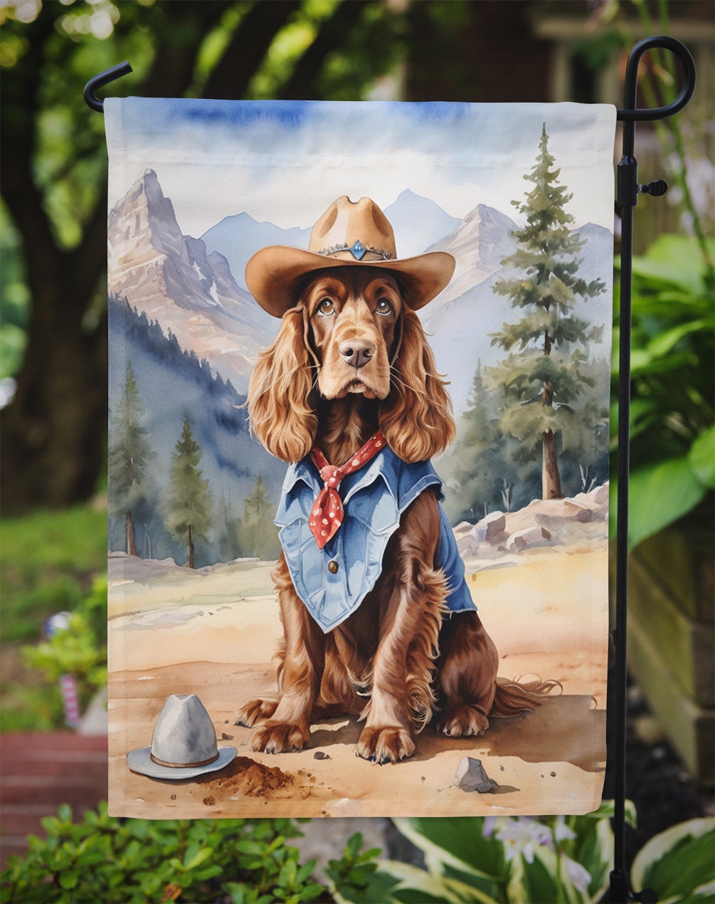 English Cocker Spaniel Cowboy Welcome Garden Flag – Western Dog Yard Decor with Mountain Landscape