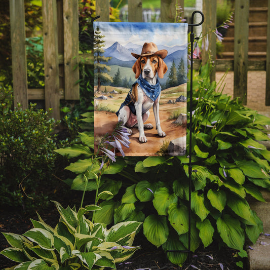 English Foxhound Cowboy Welcome Garden Flag – Western Dog Yard Decor with Mountain Landscape