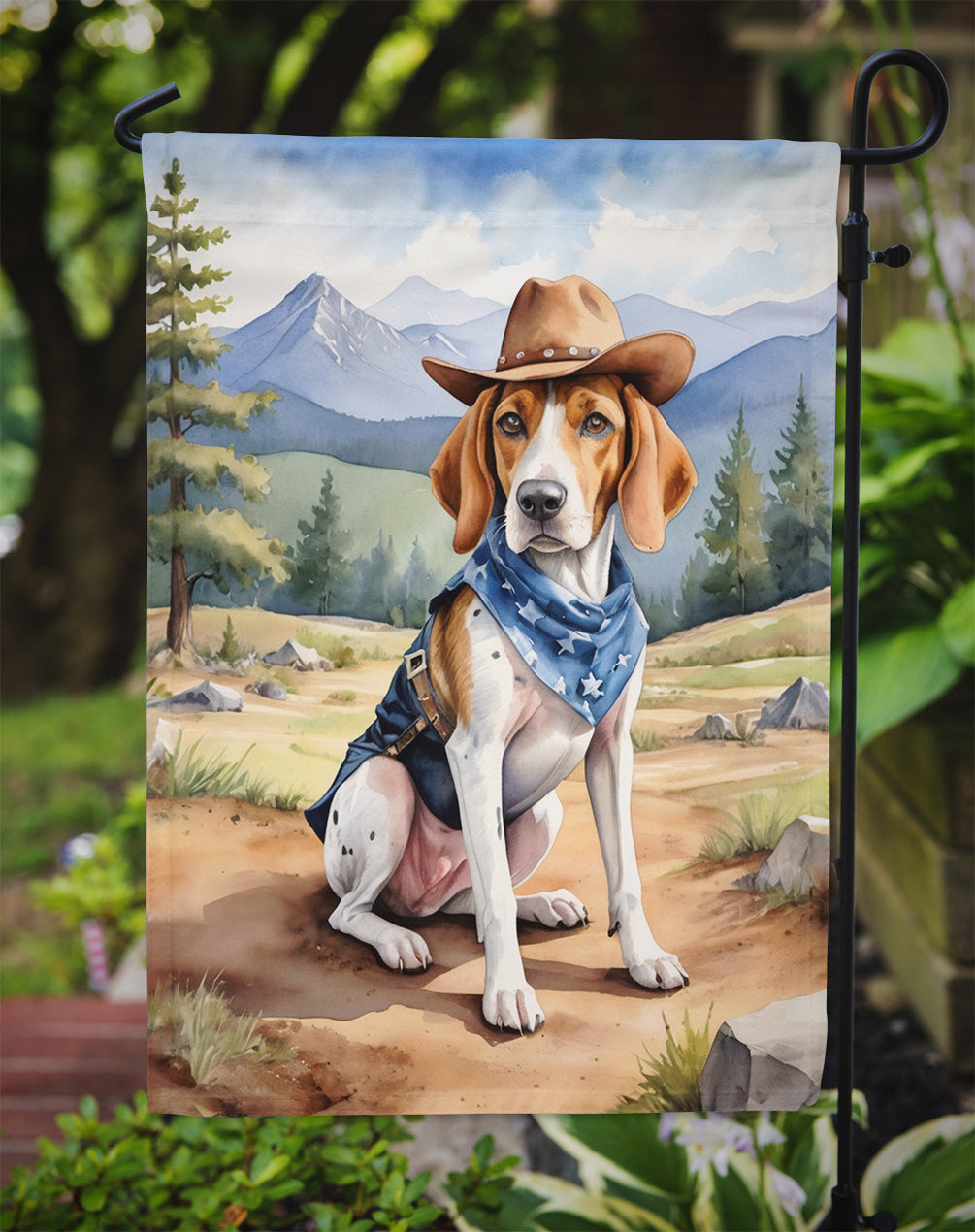English Foxhound Cowboy Welcome Garden Flag – Western Dog Yard Decor with Mountain Landscape