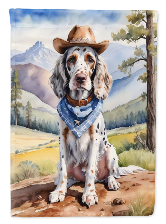 English Setter Cowboy Welcome Garden Flag – Western Dog Yard Decor with Mountain Landscape
