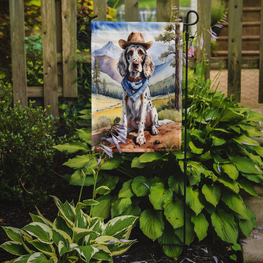 English Setter Cowboy Welcome Garden Flag – Western Dog Yard Decor with Mountain Landscape