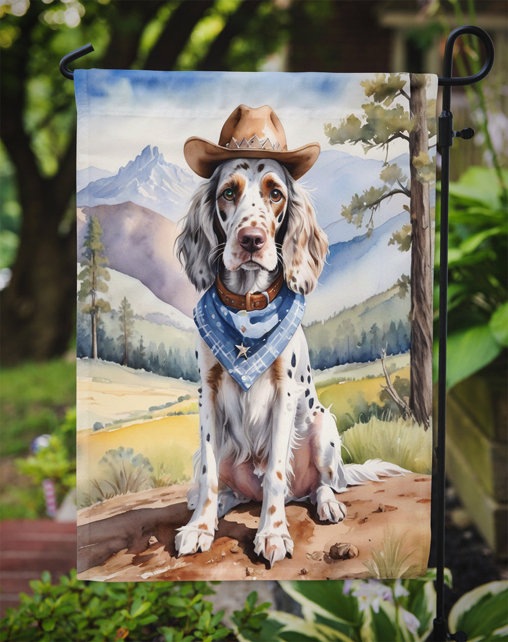 English Setter Cowboy Welcome Garden Flag – Western Dog Yard Decor with Mountain Landscape