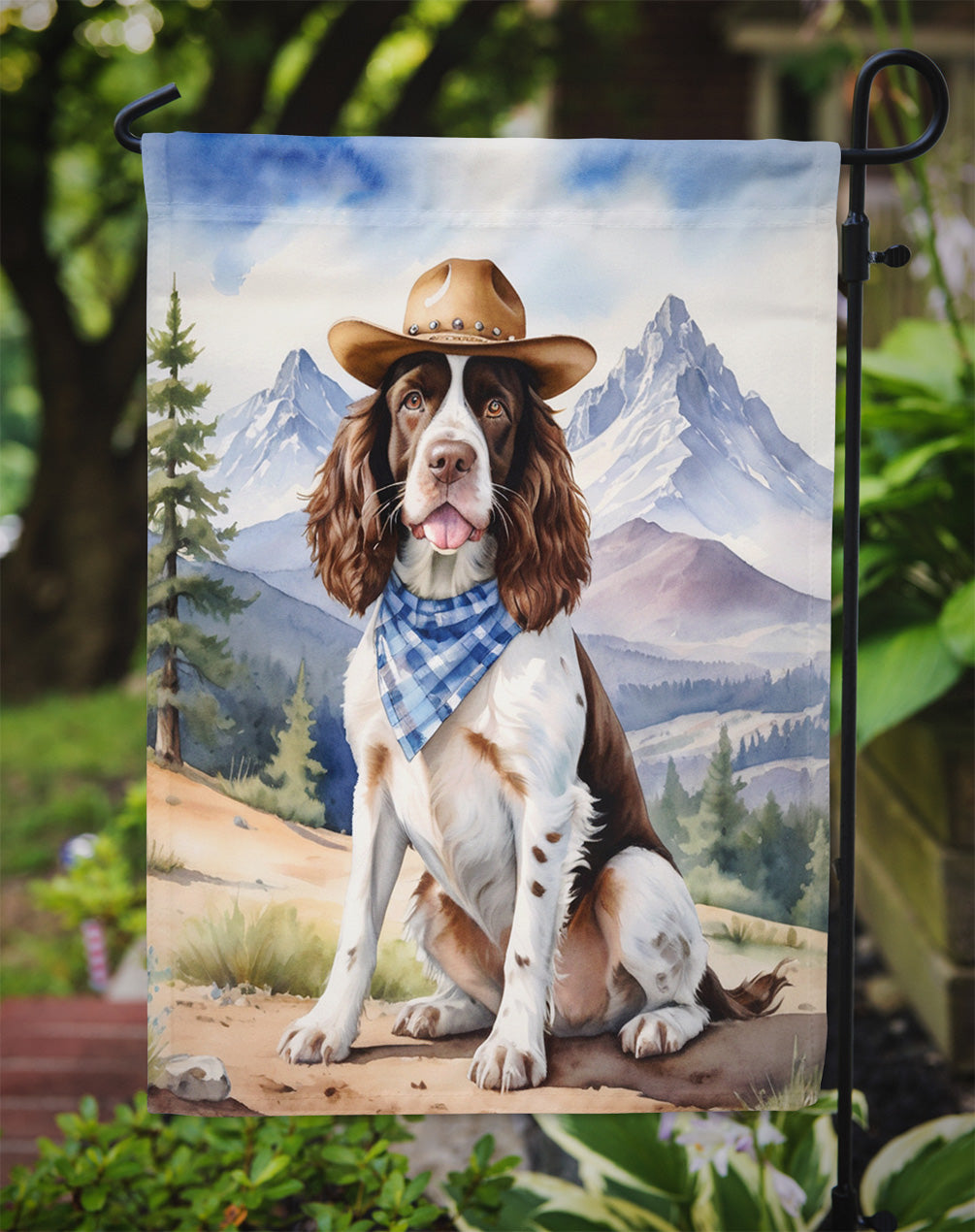 English Springer Spaniel Cowboy Welcome Garden Flag – Western Dog Yard Decor with Mountain Landscape