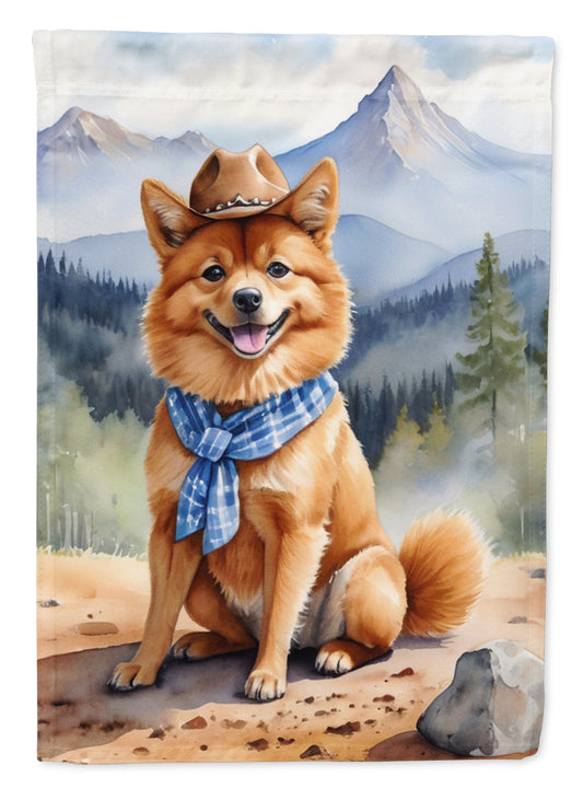 Finnish Spitz Cowboy Welcome Garden Flag – Western Dog Yard Decor with Mountain Landscape