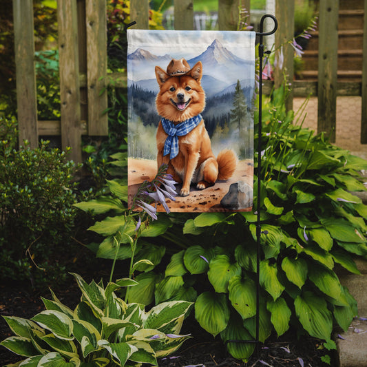 Finnish Spitz Cowboy Welcome Garden Flag – Western Dog Yard Decor with Mountain Landscape