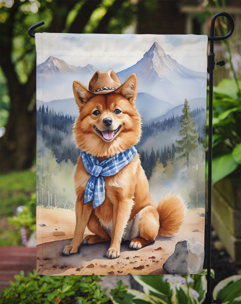 Finnish Spitz Cowboy Welcome Garden Flag – Western Dog Yard Decor with Mountain Landscape