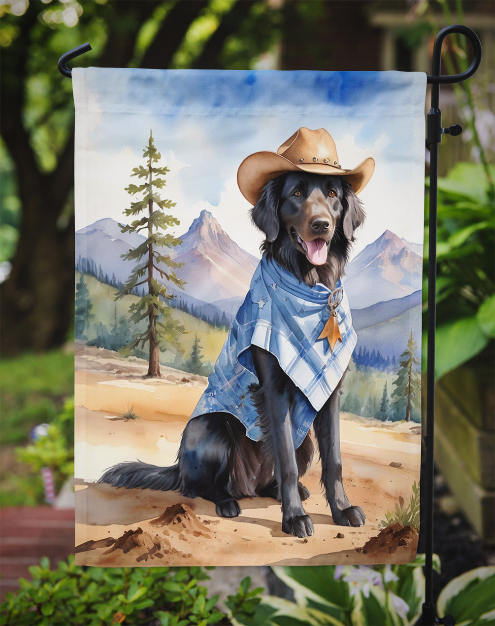 Flat-Coated Retriever Cowboy Welcome Garden Flag – Western Dog Yard Decor with Mountain Landscape