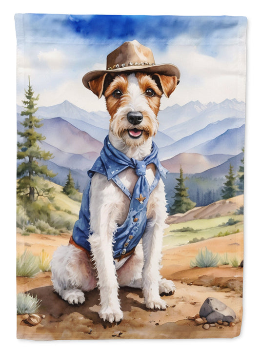 Fox Terrier Cowboy Welcome Garden Flag – Western Dog Yard Decor with Mountain Landscape