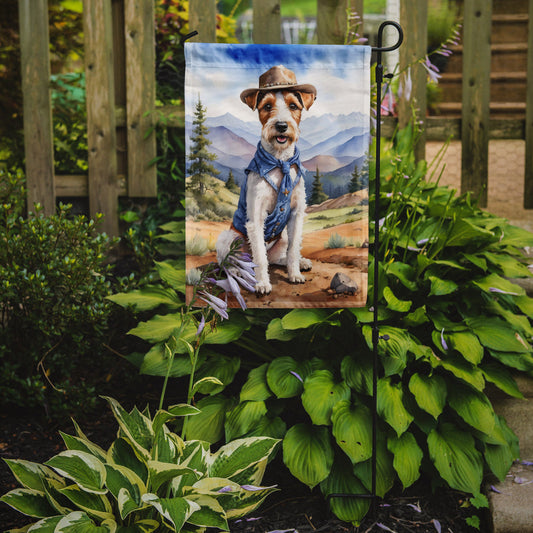 Fox Terrier Cowboy Welcome Garden Flag – Western Dog Yard Decor with Mountain Landscape