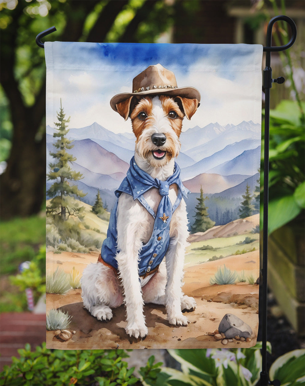 Fox Terrier Cowboy Welcome Garden Flag – Western Dog Yard Decor with Mountain Landscape