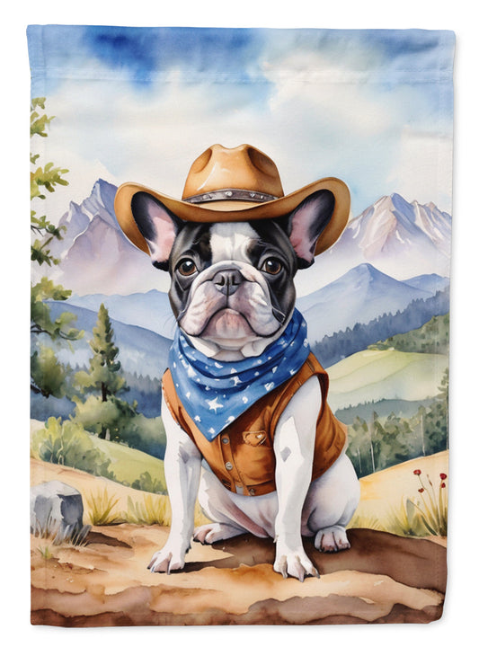 French Bulldog Cowboy Welcome Garden Flag – Western Dog Yard Decor with Mountain Landscape