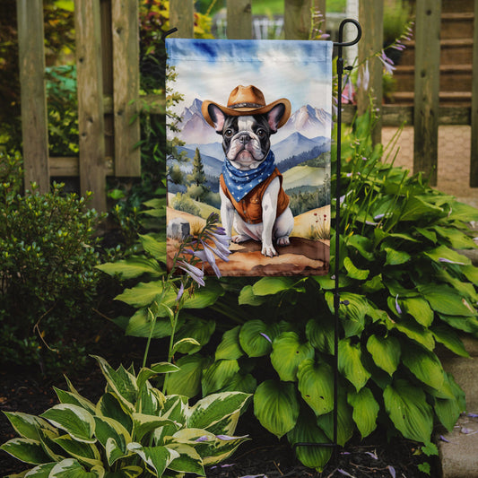 French Bulldog Cowboy Welcome Garden Flag – Western Dog Yard Decor with Mountain Landscape