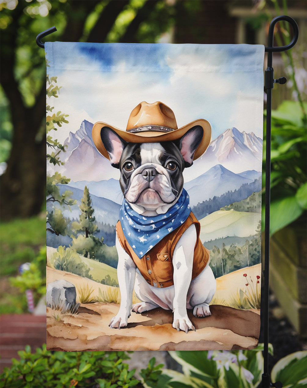 French Bulldog Cowboy Welcome Garden Flag – Western Dog Yard Decor with Mountain Landscape