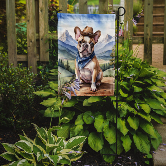French Bulldog Cowboy Welcome Garden Flag – Western Dog Yard Decor with Mountain Landscape