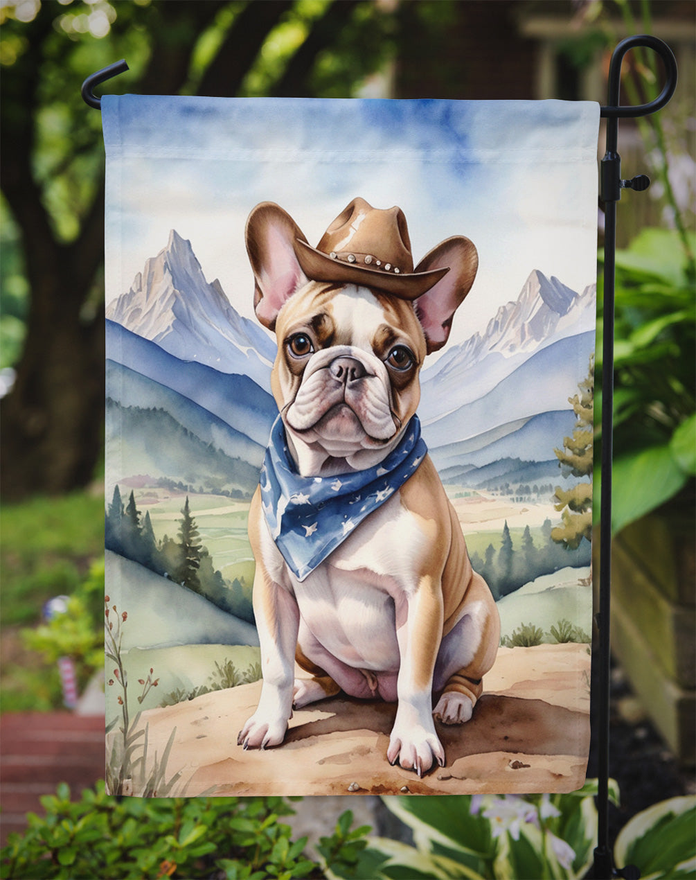 French Bulldog Cowboy Welcome Garden Flag – Western Dog Yard Decor with Mountain Landscape
