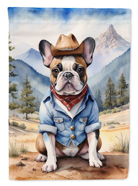 French Bulldog Cowboy Welcome Garden Flag – Western Dog Yard Decor with Mountain Landscape