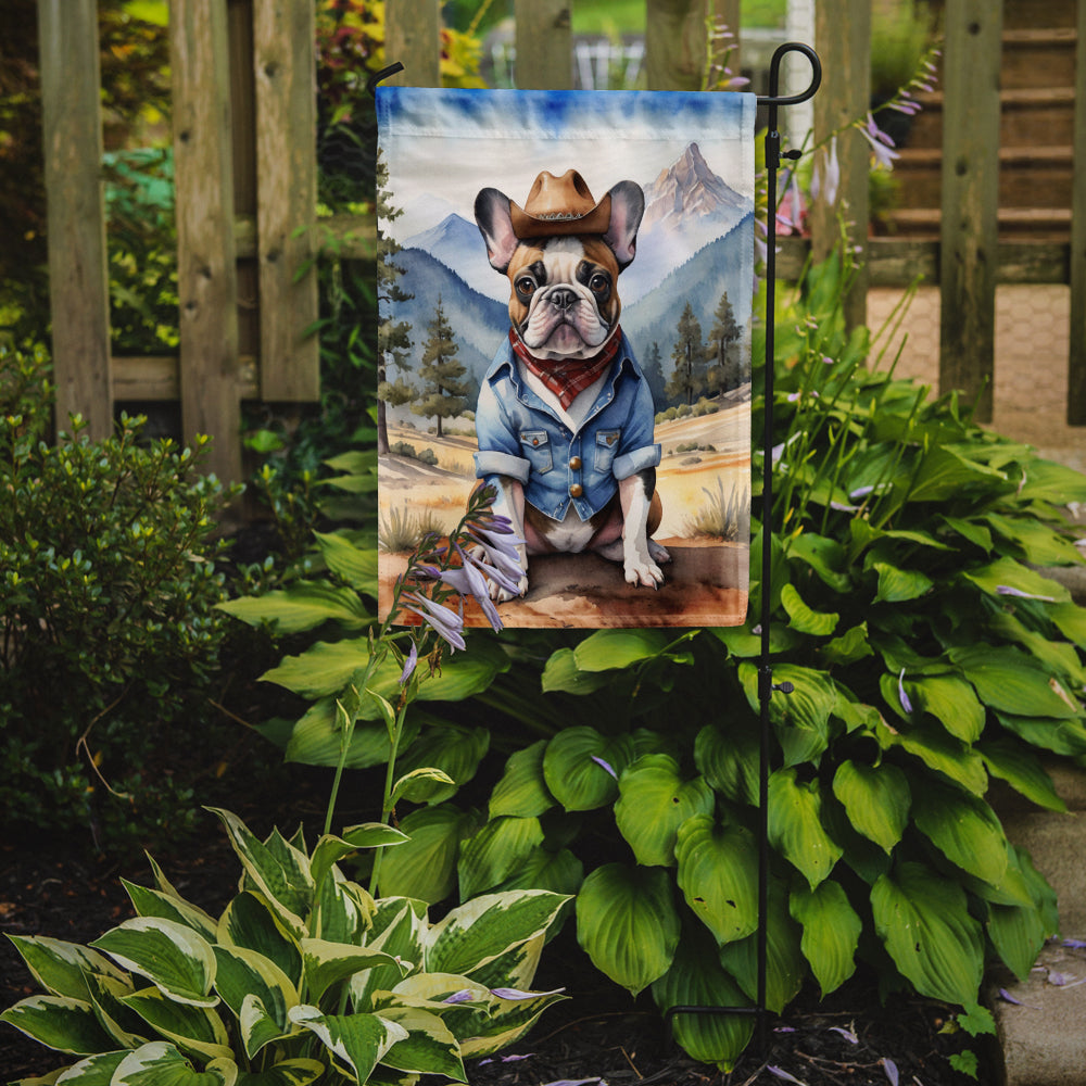 French Bulldog Cowboy Welcome Garden Flag – Western Dog Yard Decor with Mountain Landscape