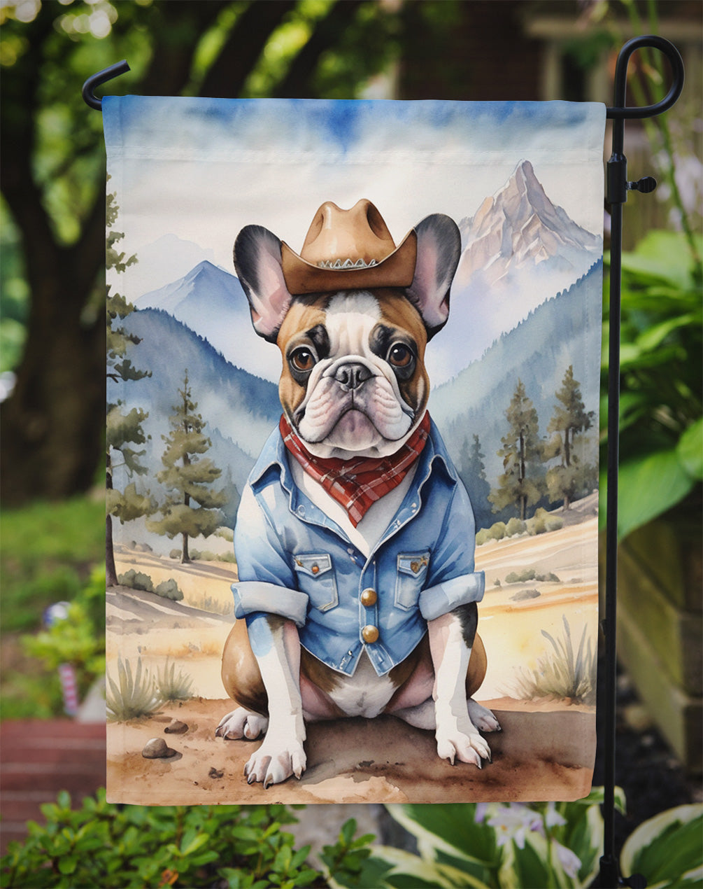 French Bulldog Cowboy Welcome Garden Flag – Western Dog Yard Decor with Mountain Landscape