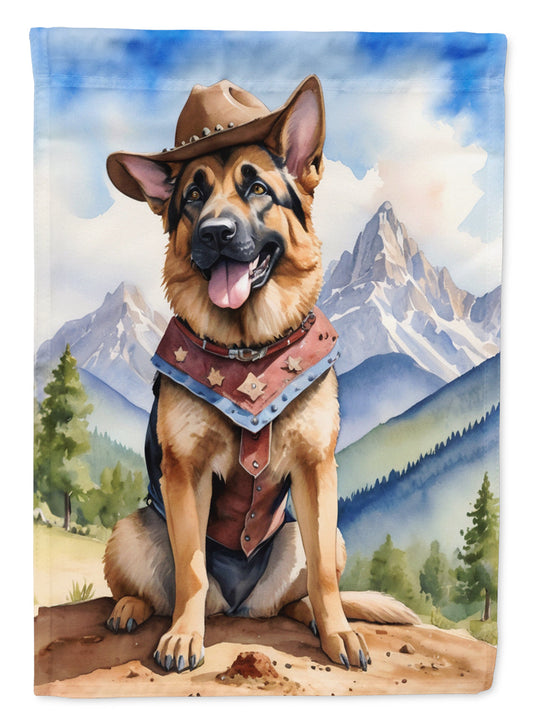 German Shepherd Cowboy Welcome Garden Flag – Western Dog Yard Decor with Mountain Landscape