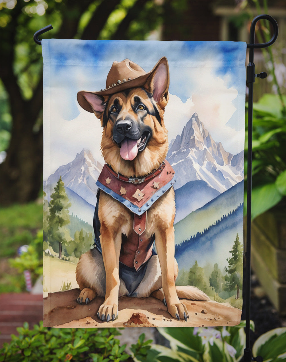 German Shepherd Cowboy Welcome Garden Flag – Western Dog Yard Decor with Mountain Landscape