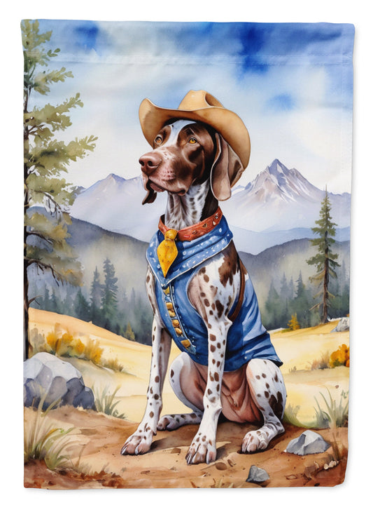 German Shorthaired Pointer Cowboy Welcome Garden Flag – Western Dog Yard Decor with Mountain Landscape