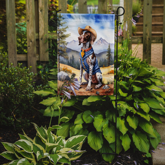 German Shorthaired Pointer Cowboy Welcome Garden Flag – Western Dog Yard Decor with Mountain Landscape