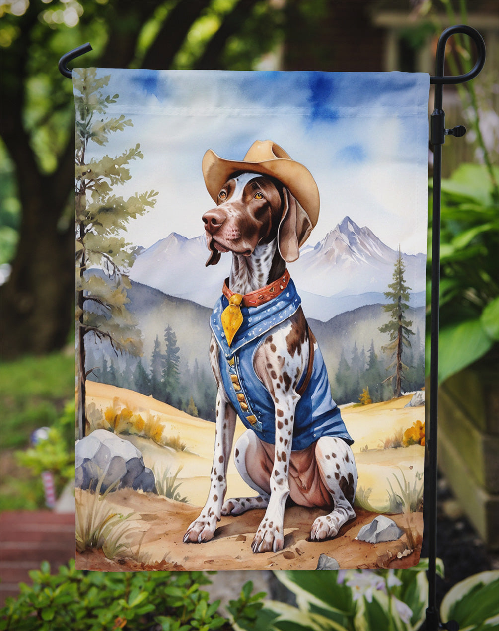 German Shorthaired Pointer Cowboy Welcome Garden Flag – Western Dog Yard Decor with Mountain Landscape