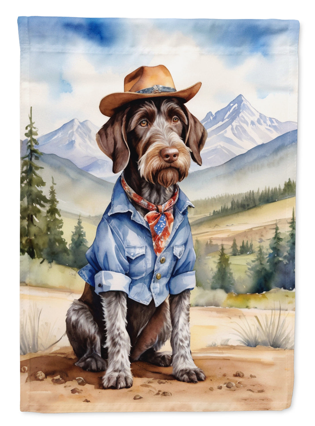 German Wirehaired Pointer Cowboy Welcome Garden Flag – Western Dog Yard Decor with Mountain Landscape