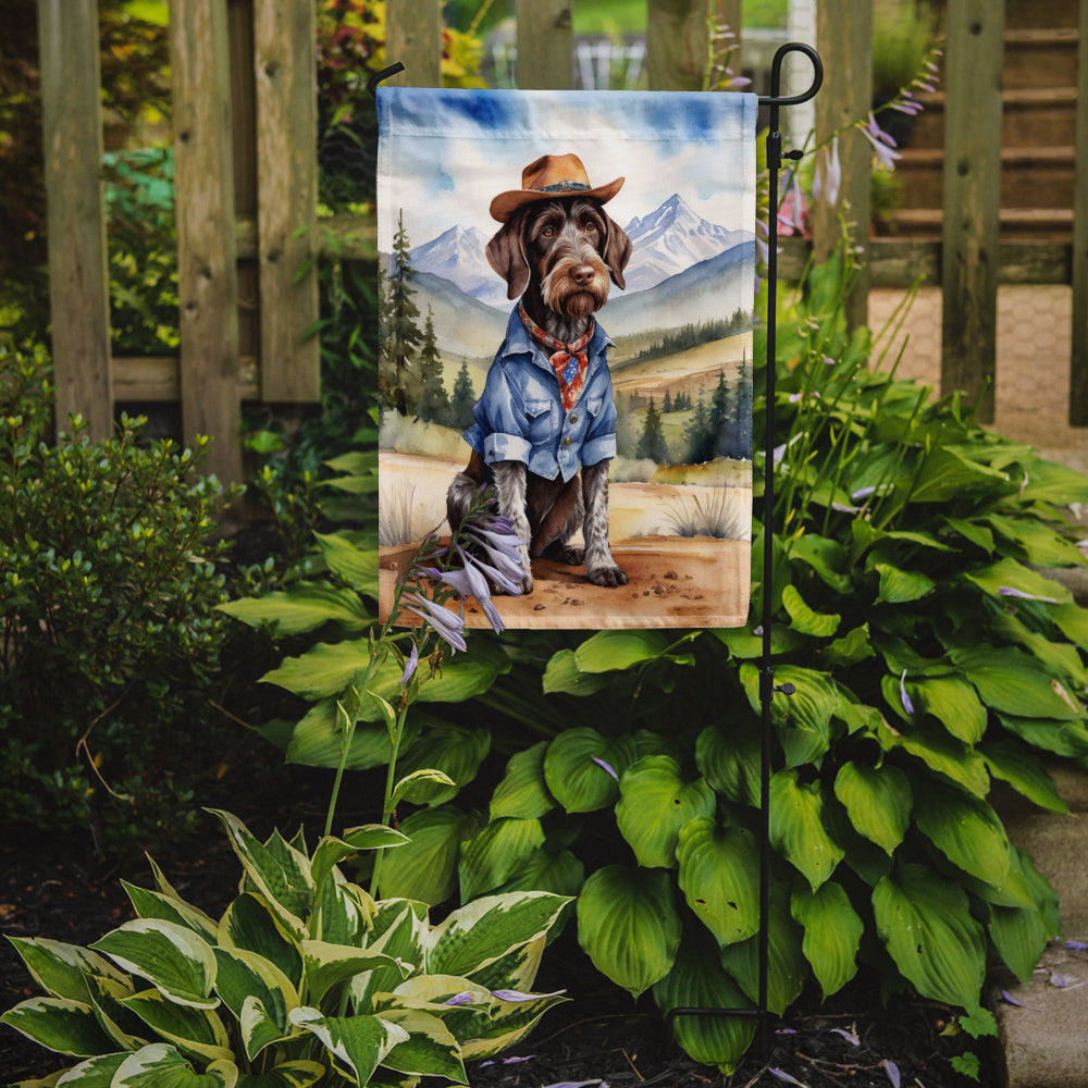 German Wirehaired Pointer Cowboy Welcome Garden Flag – Western Dog Yard Decor with Mountain Landscape