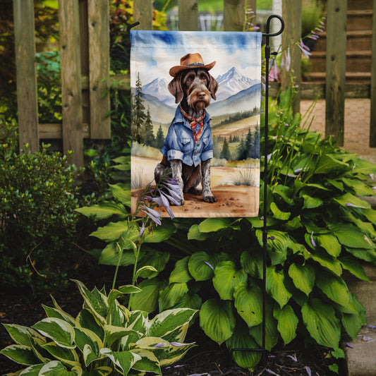 German Wirehaired Pointer Cowboy Welcome Garden Flag – Western Dog Yard Decor with Mountain Landscape