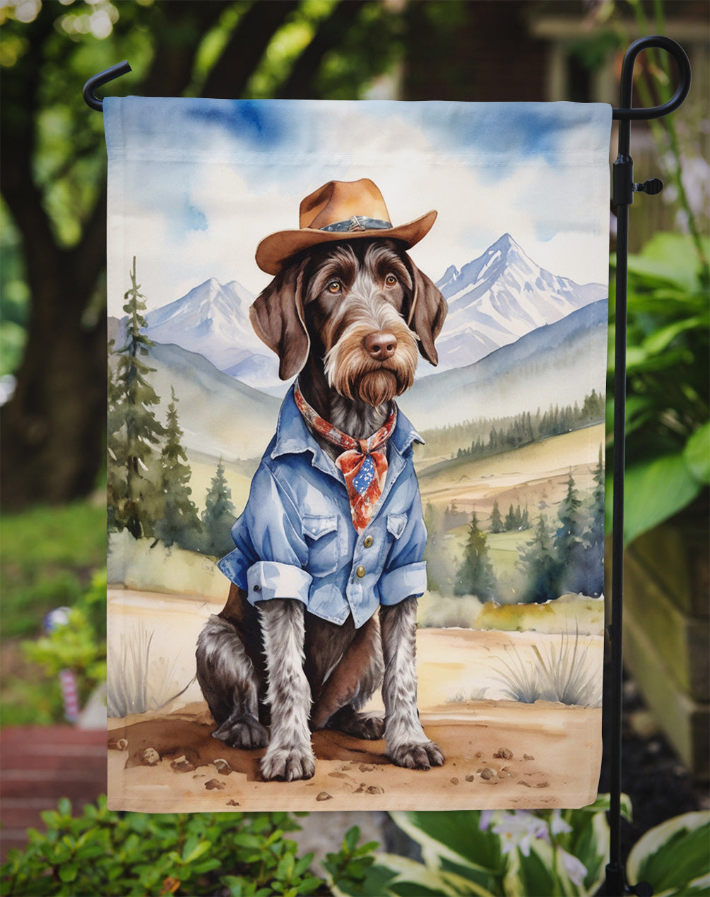 German Wirehaired Pointer Cowboy Welcome Garden Flag – Western Dog Yard Decor with Mountain Landscape