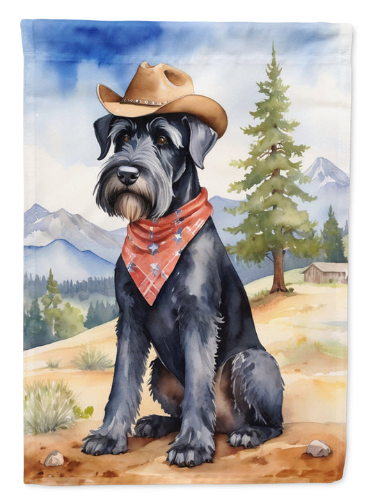 Giant Schnauzer Cowboy Welcome Garden Flag – Western Dog Yard Decor with Mountain Landscape