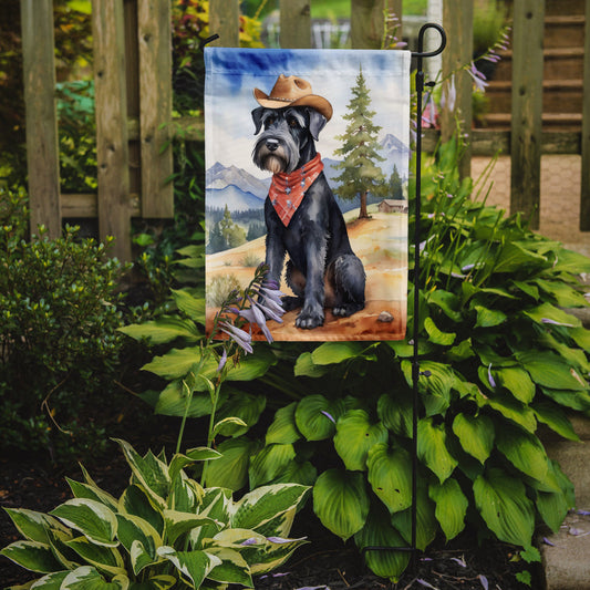 Giant Schnauzer Cowboy Welcome Garden Flag – Western Dog Yard Decor with Mountain Landscape