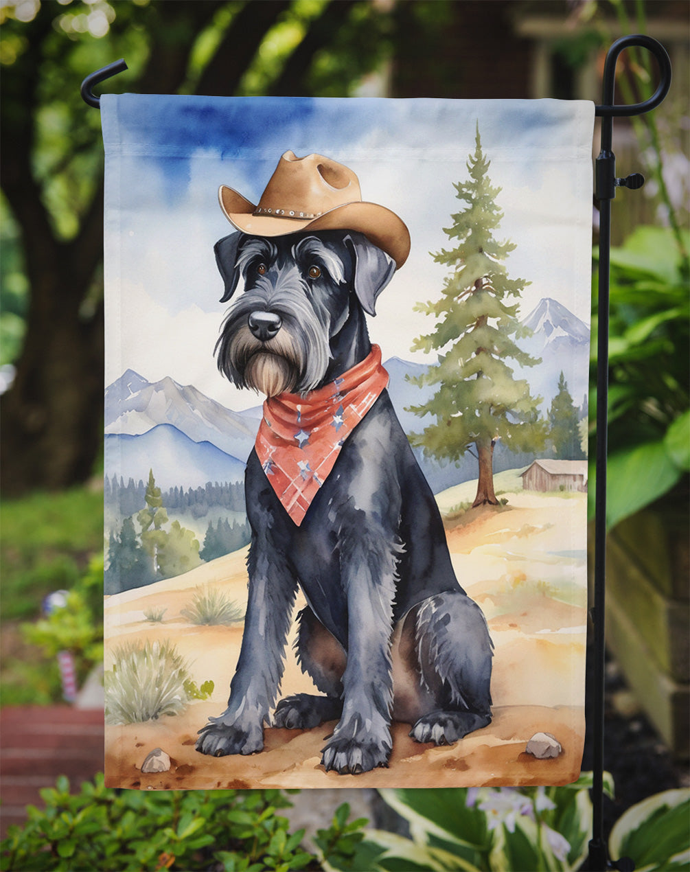 Giant Schnauzer Cowboy Welcome Garden Flag – Western Dog Yard Decor with Mountain Landscape
